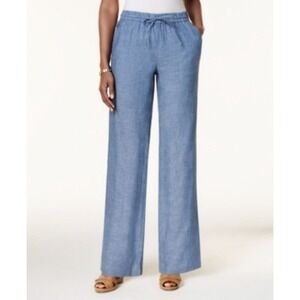 Charter Club Linen Pants Womens Petites PM Blue‎ Drawstring Straight Leg Trouser